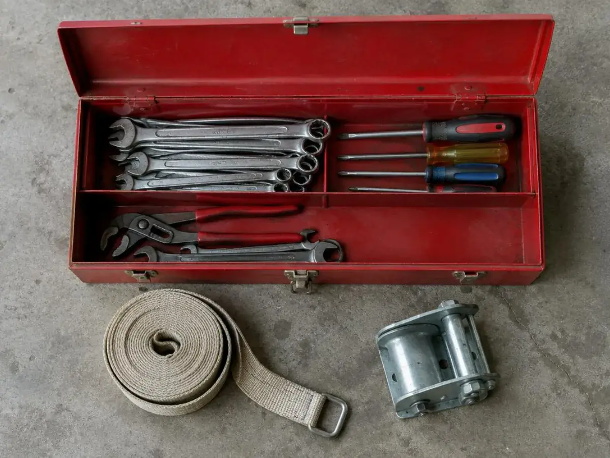 Caisse à outils ouverte avec clés, tournevis, sangle beige enroulée et embout de treuil de volet