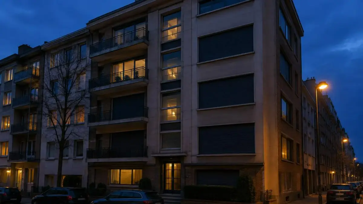 Façade d'immeuble à appartements bruxellois au crépuscule, volets roulants anthracite fermés sur plusieurs étages