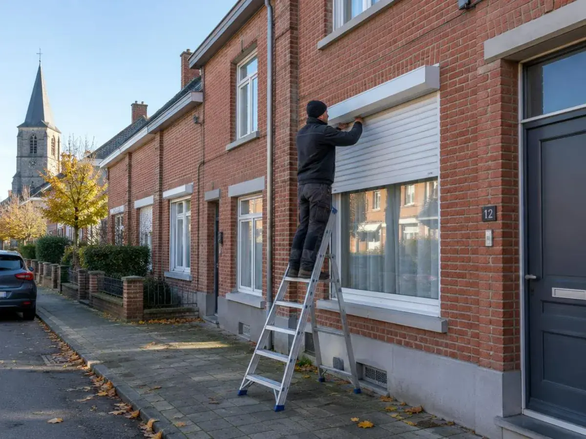 Technicien sur une échelle ajustant le volet roulant blanc d'une maison bruxelloise en brique claire