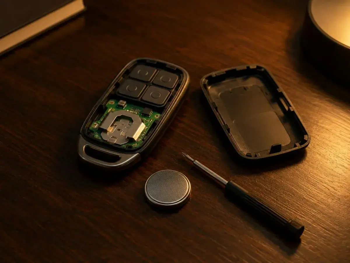 Télécommande de volet roulant ouverte sur une table, sa pile bouton retirée posée à côté