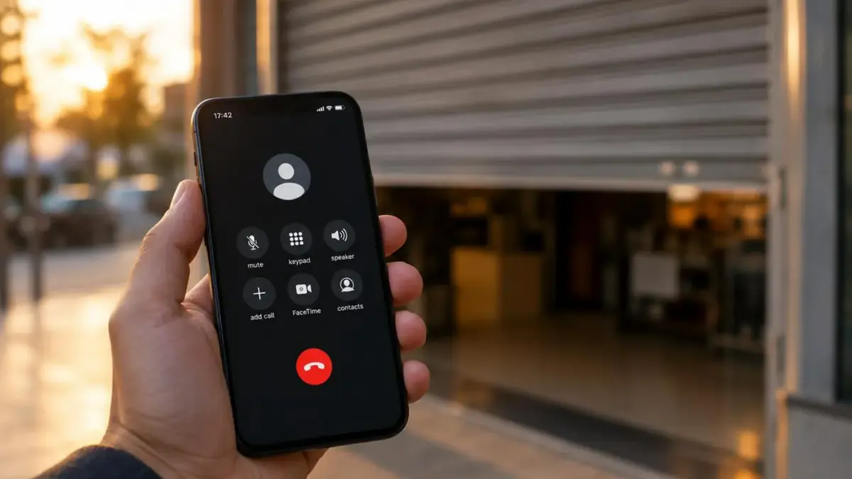 Main tenant un smartphone pendant un appel, volet roulant à moitié fermé en arrière-plan flou, lumière du soir