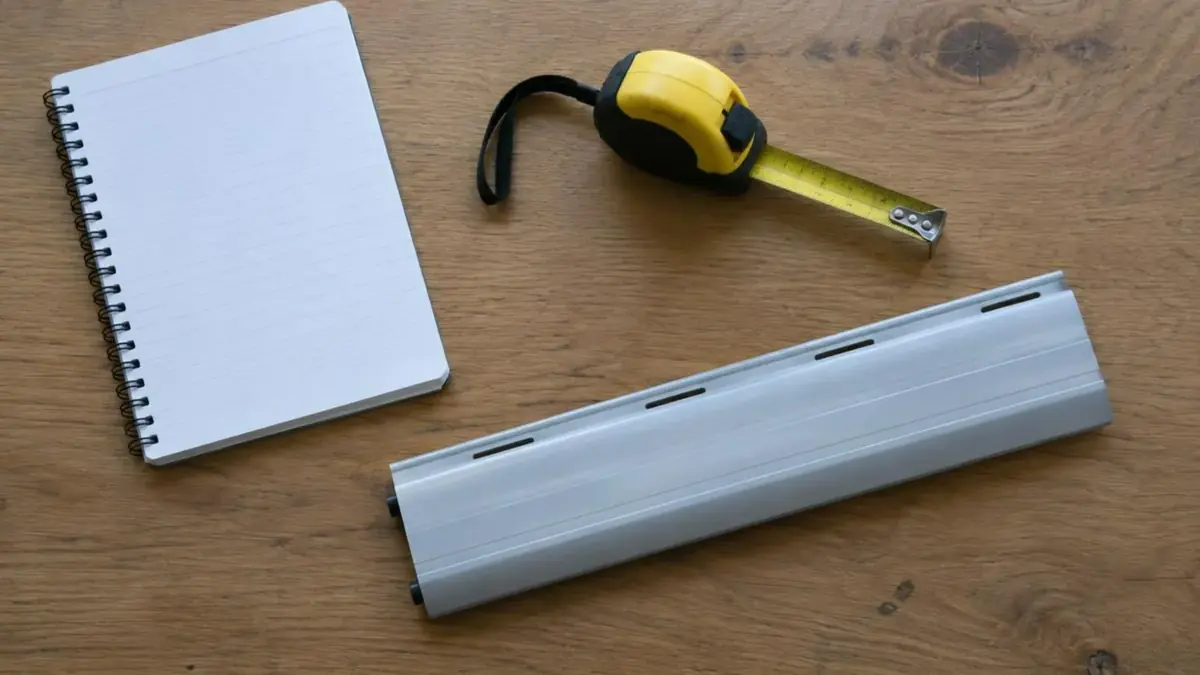 Carnet de notes, mètre ruban et lame de volet aluminium posés sur une table en bois clair
