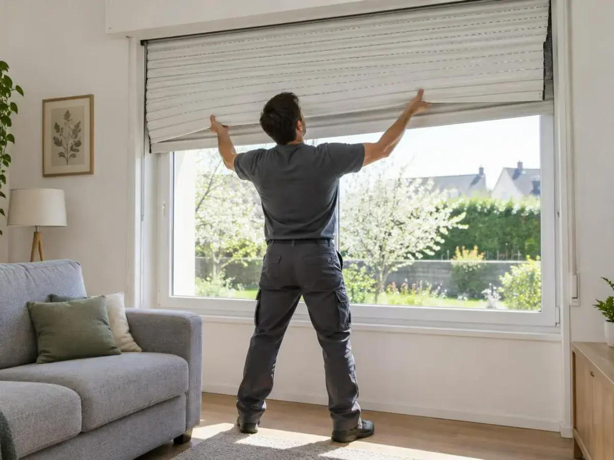 Technicien maintenant à deux mains un tablier PVC coincé devant la baie d'un salon bruxellois