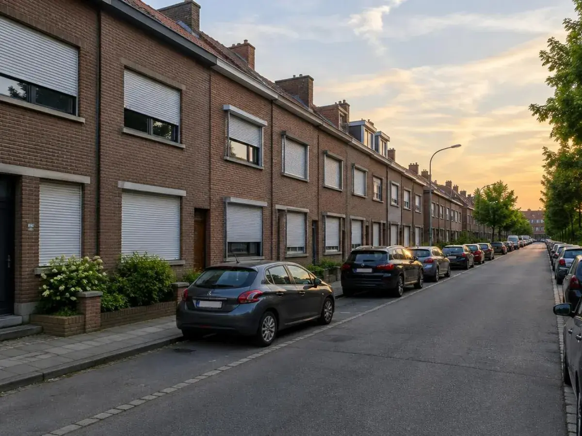 Rue de maisons mitoyennes en brique à Woluwe-Saint-Lambert, volets roulants descendus à différentes hauteurs