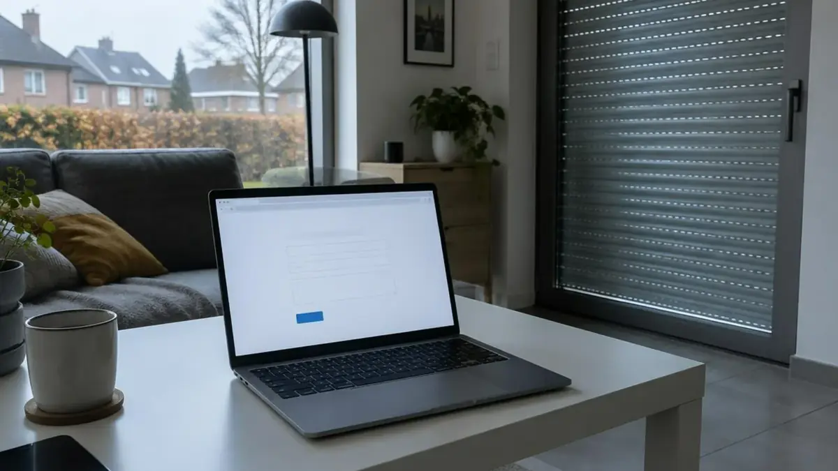 Ordinateur portable ouvert sur un formulaire en ligne, sur une table près d'un volet roulant