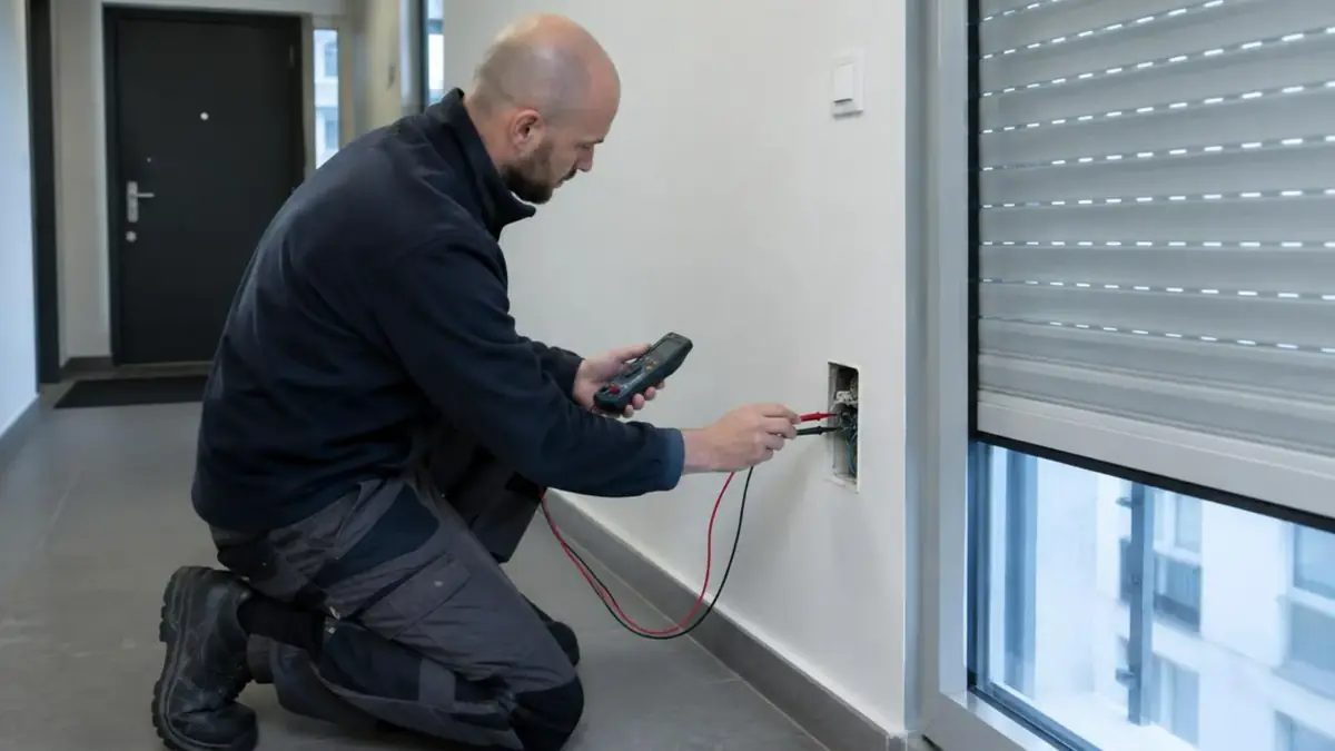 Technicien mesurant au multimètre l'alimentation d'un volet roulant électrique dans un appartement bruxellois