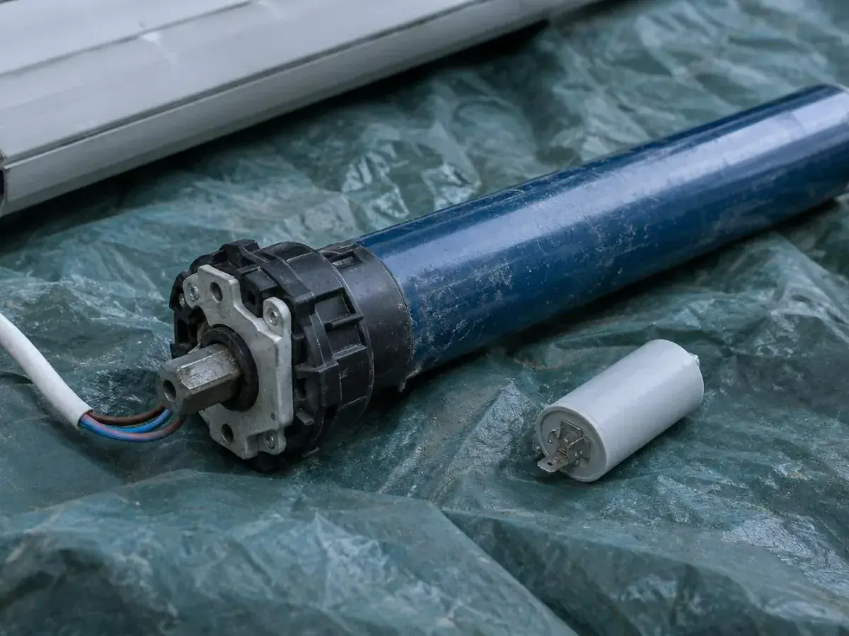 Moteur tubulaire sorti de son tube d'enroulement, posé sur une bâche près d'un condensateur de rechange
