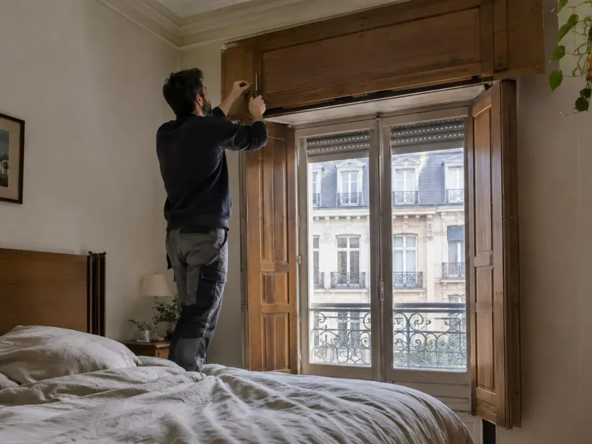 Technicien ouvrant le panneau d'un coffre de volet en bois avant de réparer le mécanisme
