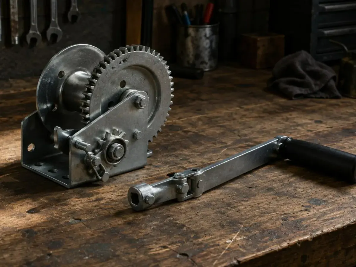 Treuil de volet roulant à engrenages et manivelle coudée posés sur un établi de technicien